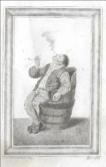 Man in Barrel Chair smoking WITH Man standing pouring a drink