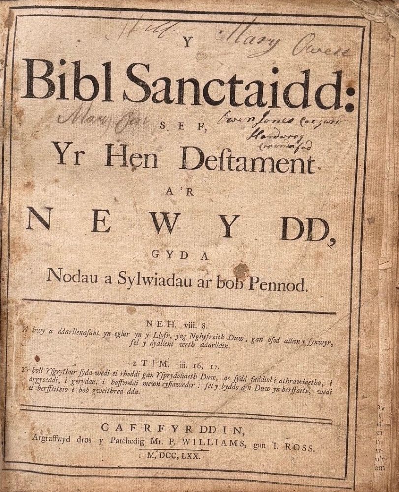The uncommon First Edition of the Peter Williams bible printed in Wales, in Welsh. 